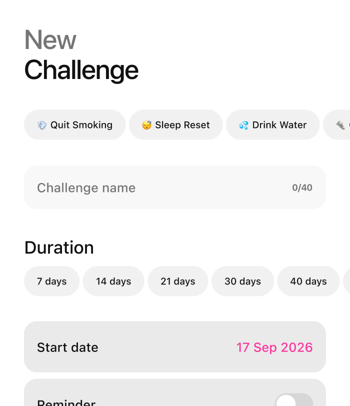 New challenge sheet with challenge name, duration and start date